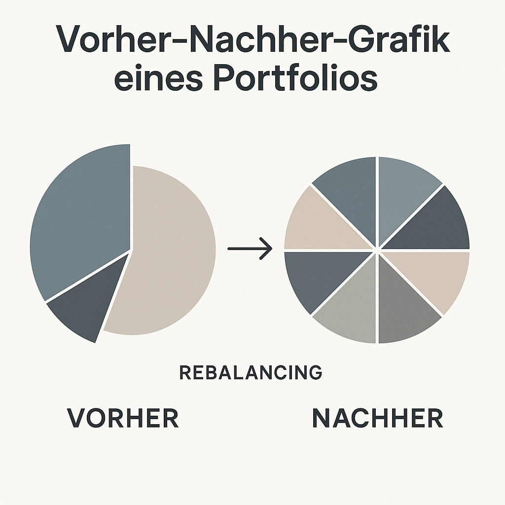 Vorher-Nachher-Grafik eines Portfolios: links verschobene Gewichtung, rechts ausgeglichen nach Rebalancing